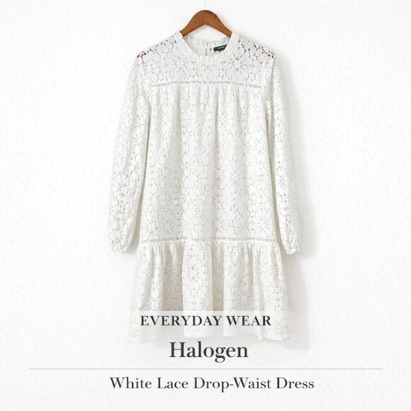 Halogen Dresses & Skirts - Halogen White Lace Shift Dress Long Sleeve Cotton Blend Size M